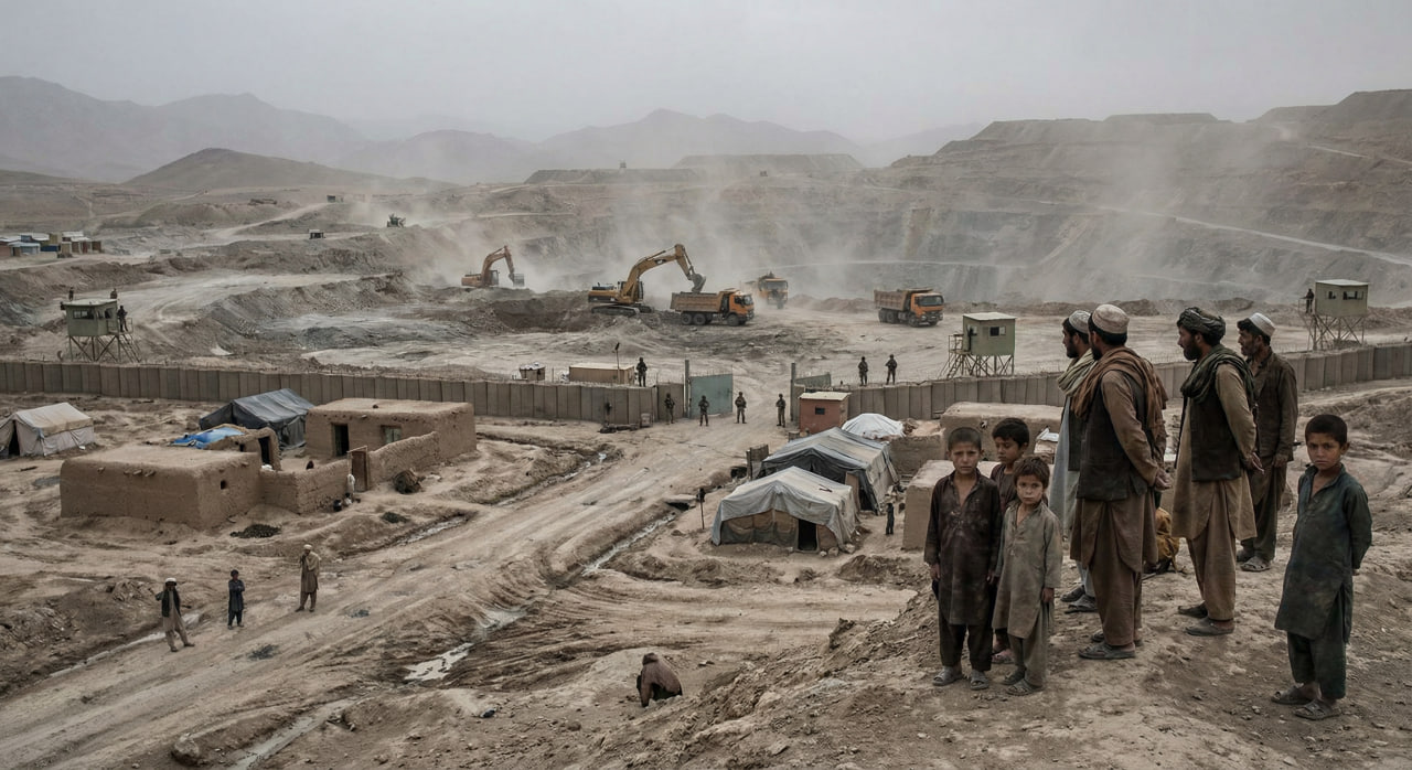 Local communities observing a guarded mining site in Afghanistan, highlighting governance challenges and unequal distribution of mining revenues.